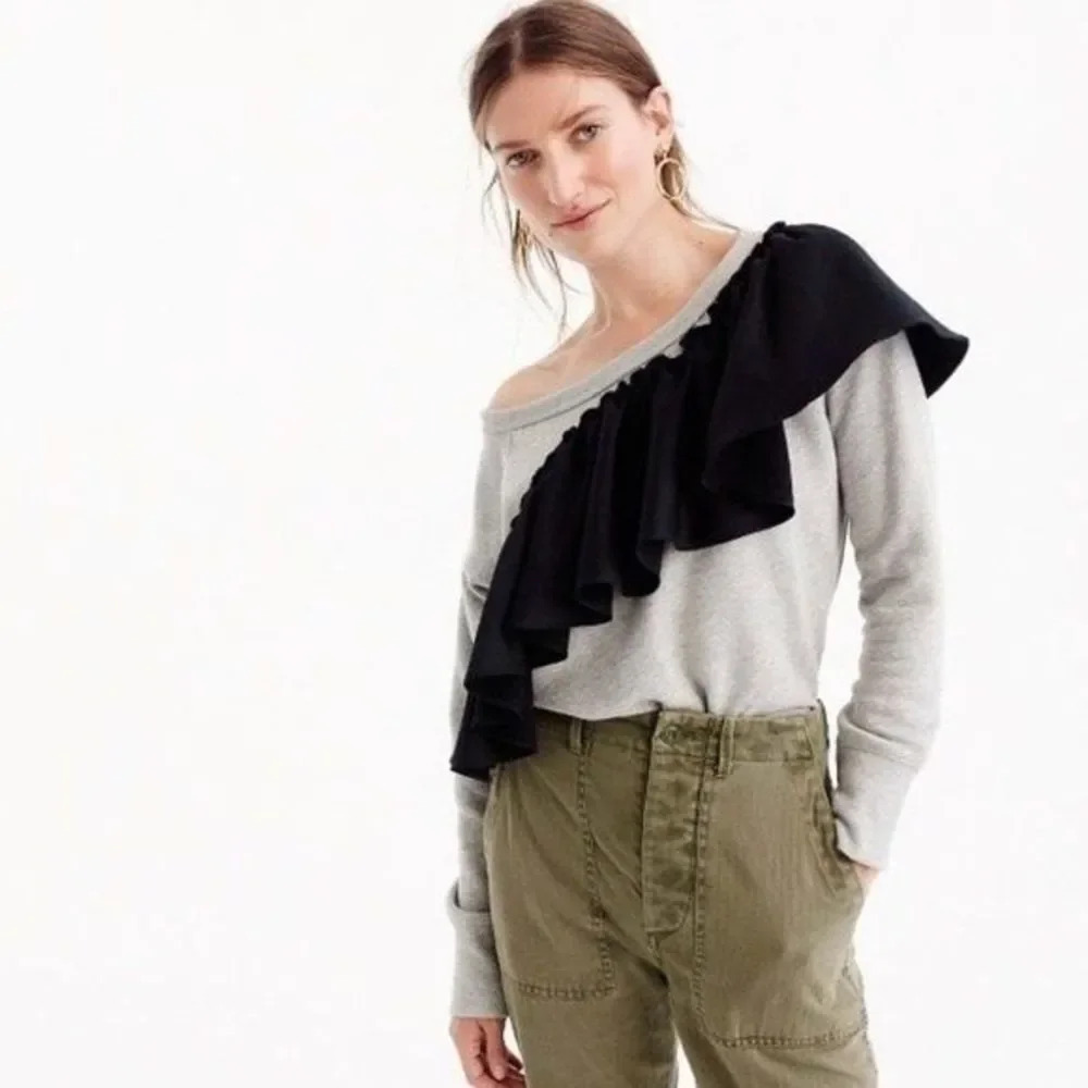 J. Crew Women's‎ Medium Grey Asymmetrical Ruffle Pullover Long Sleeve Sweater